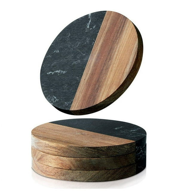 Juego de 4 Posavasos para Bebidas, Posavasos con Unión de Mármol y Madera para Proteger la Mesa, Posavasos para Tazas