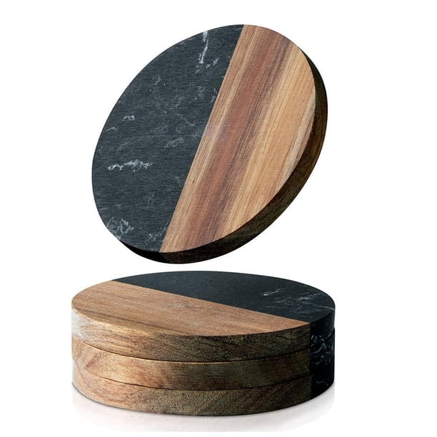 Juego de 4 Posavasos para Bebidas, Posavasos con Unión de Mármol y Madera para Proteger la Mesa, Posavasos para Tazas