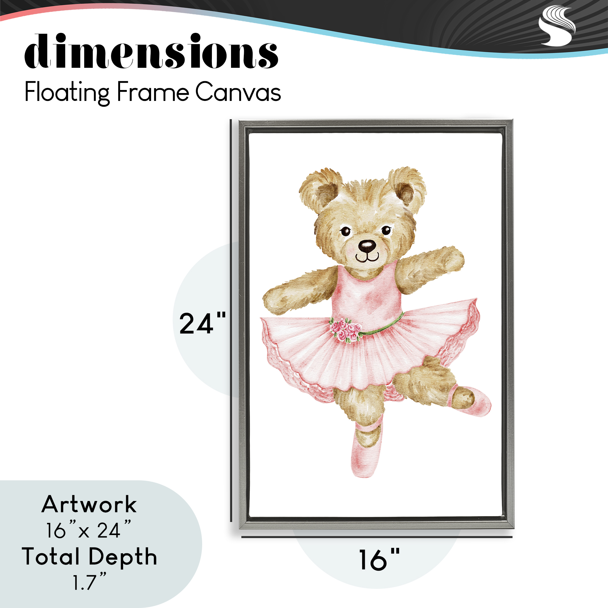 Ballerina Teddy Bear Gray Framed Floater Canvas Wall Art, design by Amy Hall
