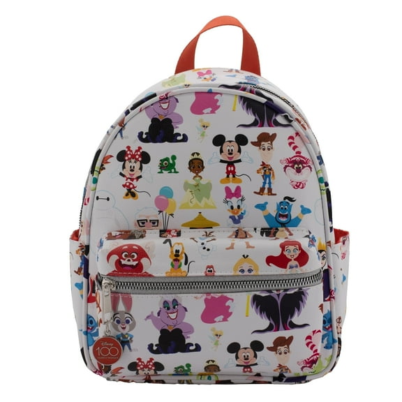 Disney 10.5" Multi Character Allover Print & Molded Metal Logo Charm Faux Leather Mini Backpack, Multicolor
