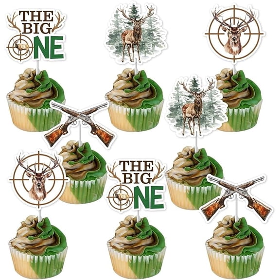 24Pcs The Big One 1st Birthday Cupcake Toppers Decoration, Gone Hunting Themed Cake Picks Party Supply for Boys