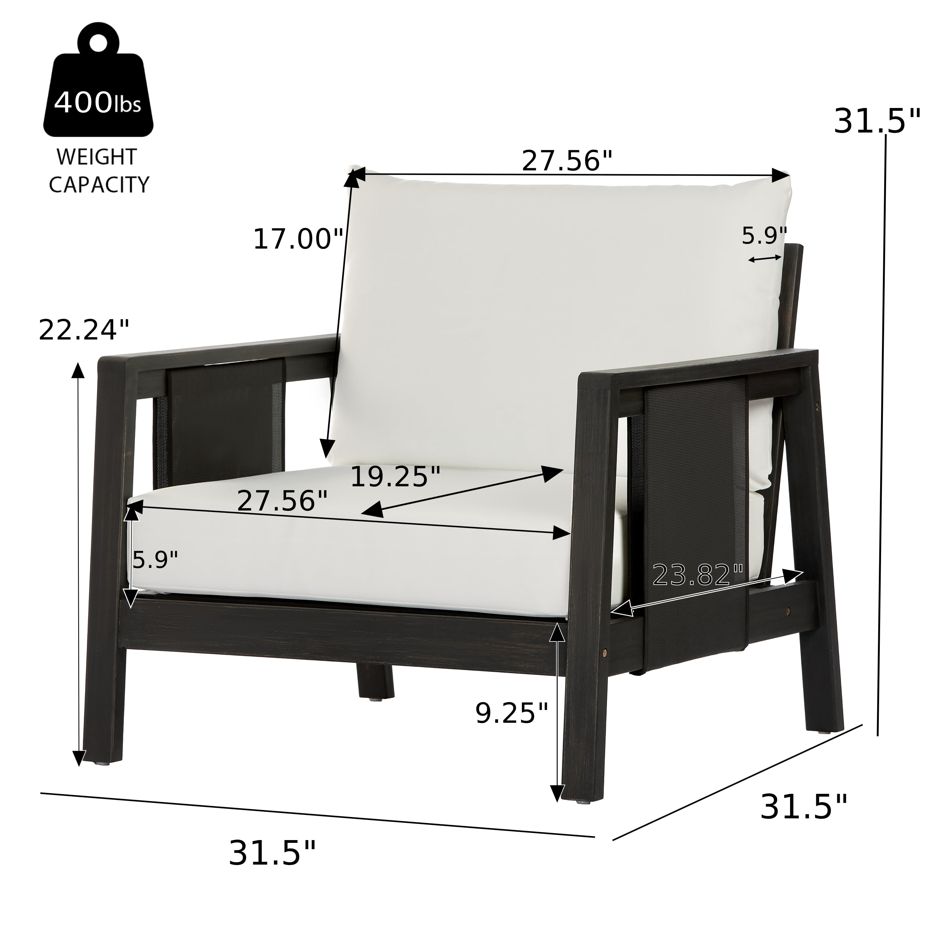 Club Chair, Outdoor Acacia Wood Frame Chair with Black Textilene Accents Water-Repellent White Cushions, Dark Grey