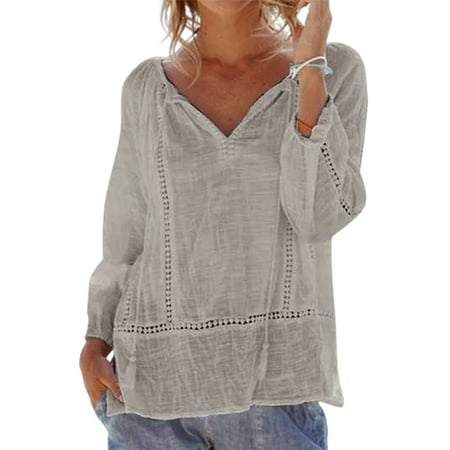 Womens V Neck Blouse Cut Out Fall Tunic Shirts Long Sleeve Pullover Tops Casual Loose T Shirt Gray L | Walmart (US)