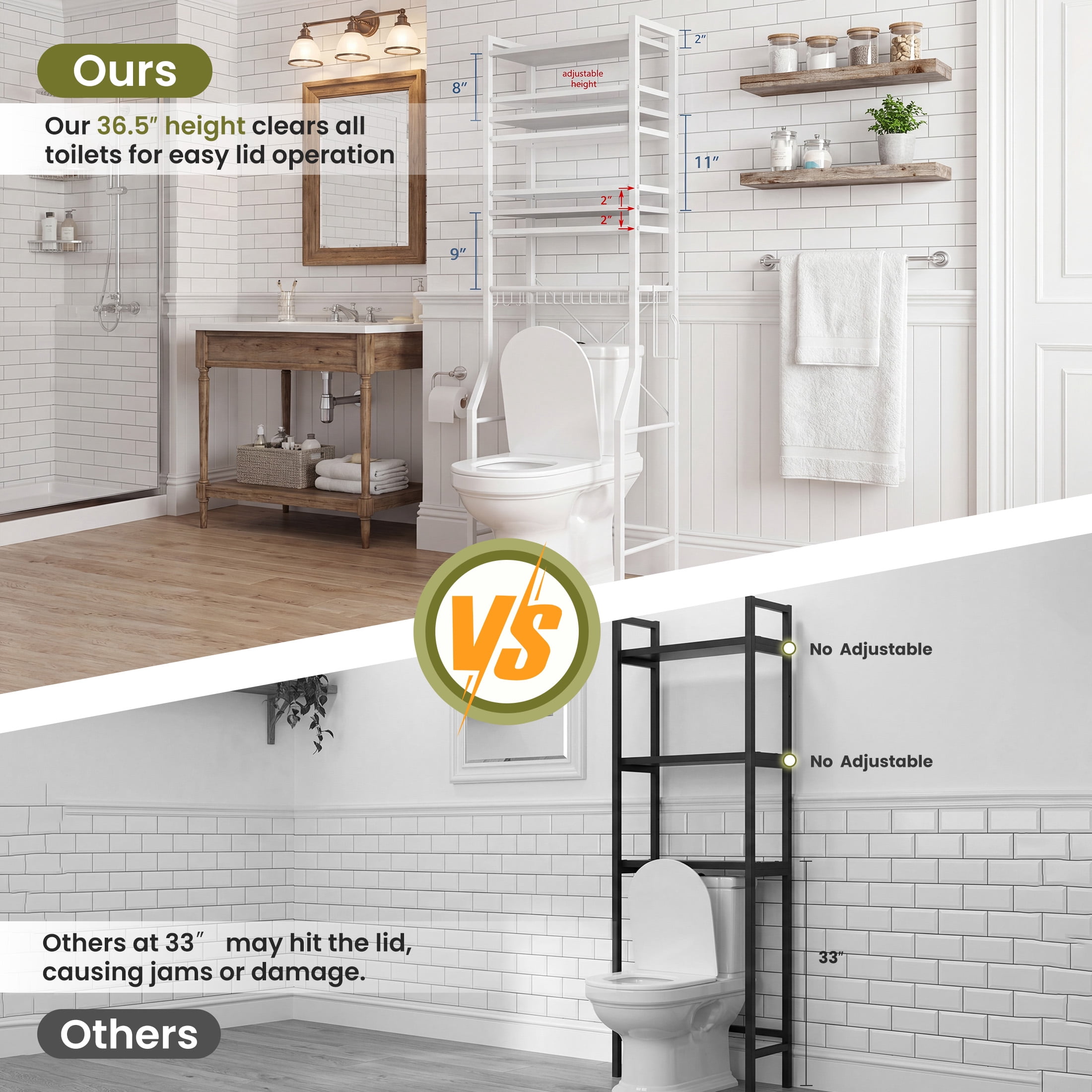 CONCETTA 4-Tier over the Toilet Bathroom Storage Rack, Adjustable Space Saver Organizer with Shelves, Basket & Hooks, White