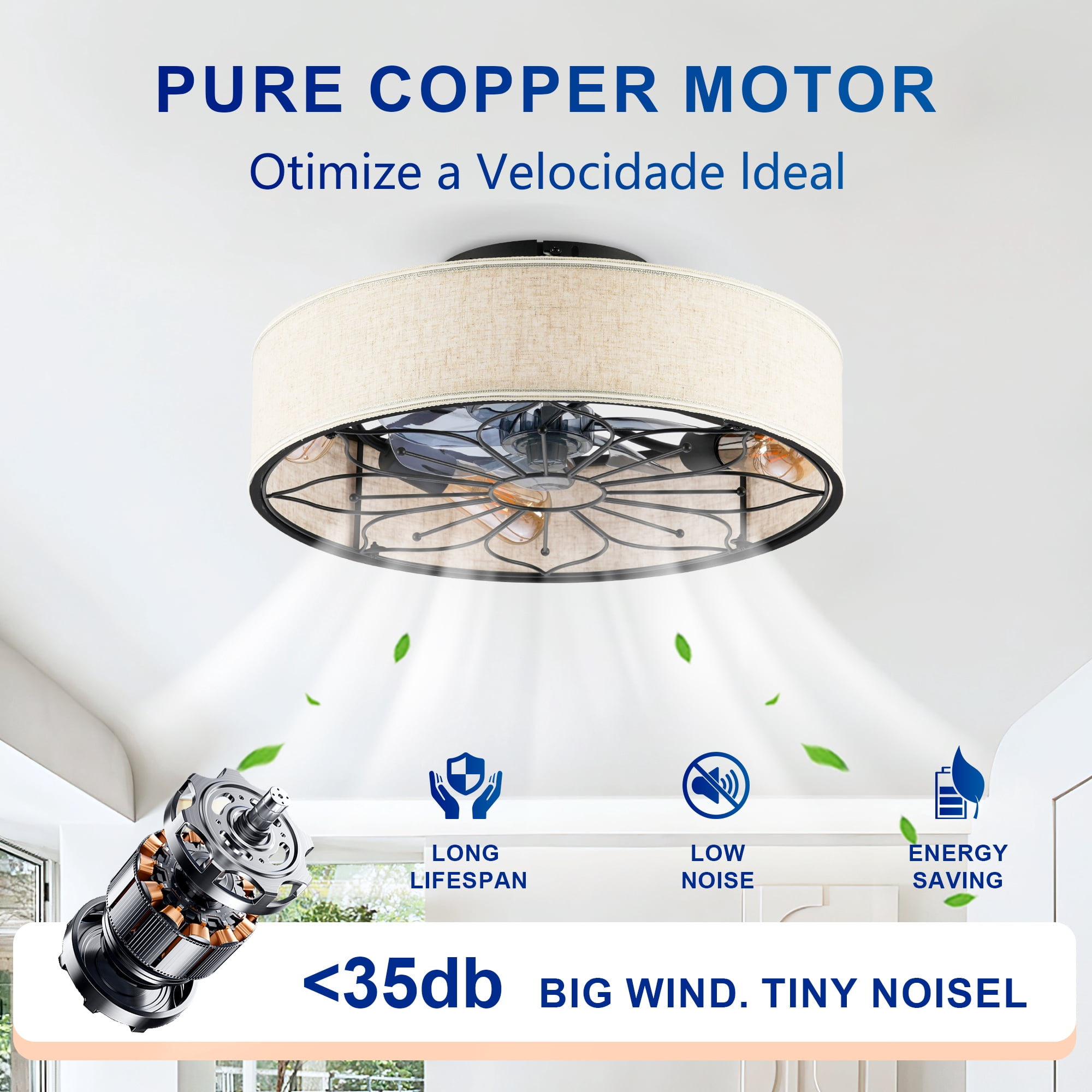 Leumius 20" Fabric Farmhouse Ceiling Fan with Light and Remote Control,Low Profile Modern Enclosed Ceiling Fans with Reversible Motor for Living Room,Bedroom,Kitchen Black (NOT Included Bulbs)