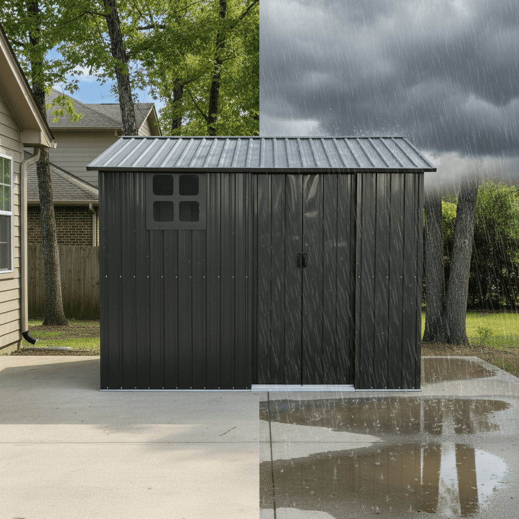 Mintazer 8×6ft Metal Outdoor Storage Shed with Lockable Sliding Doors & Window, Weatherproof Garden Tool Shed, Black
