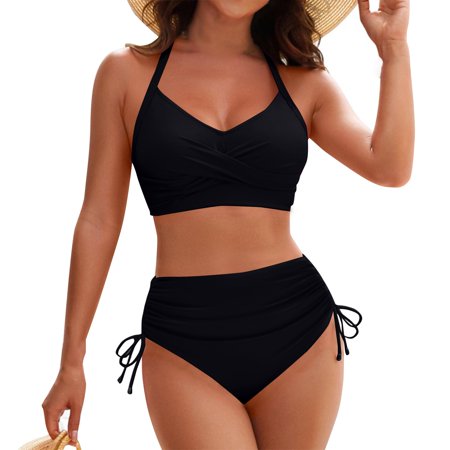 MGCWSH Women s Twist Front High Waisted Bikini Swimsuit Drawstring Tie Side Bottom Two Piece Bathing Suit Black L