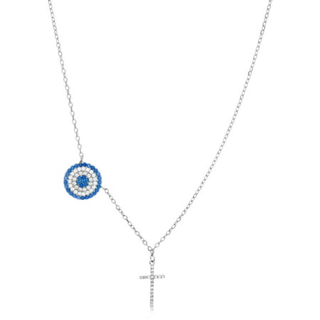 Sterling Silver Cubic Zirconia Evil Eye Necklace with Cross and Star, 18