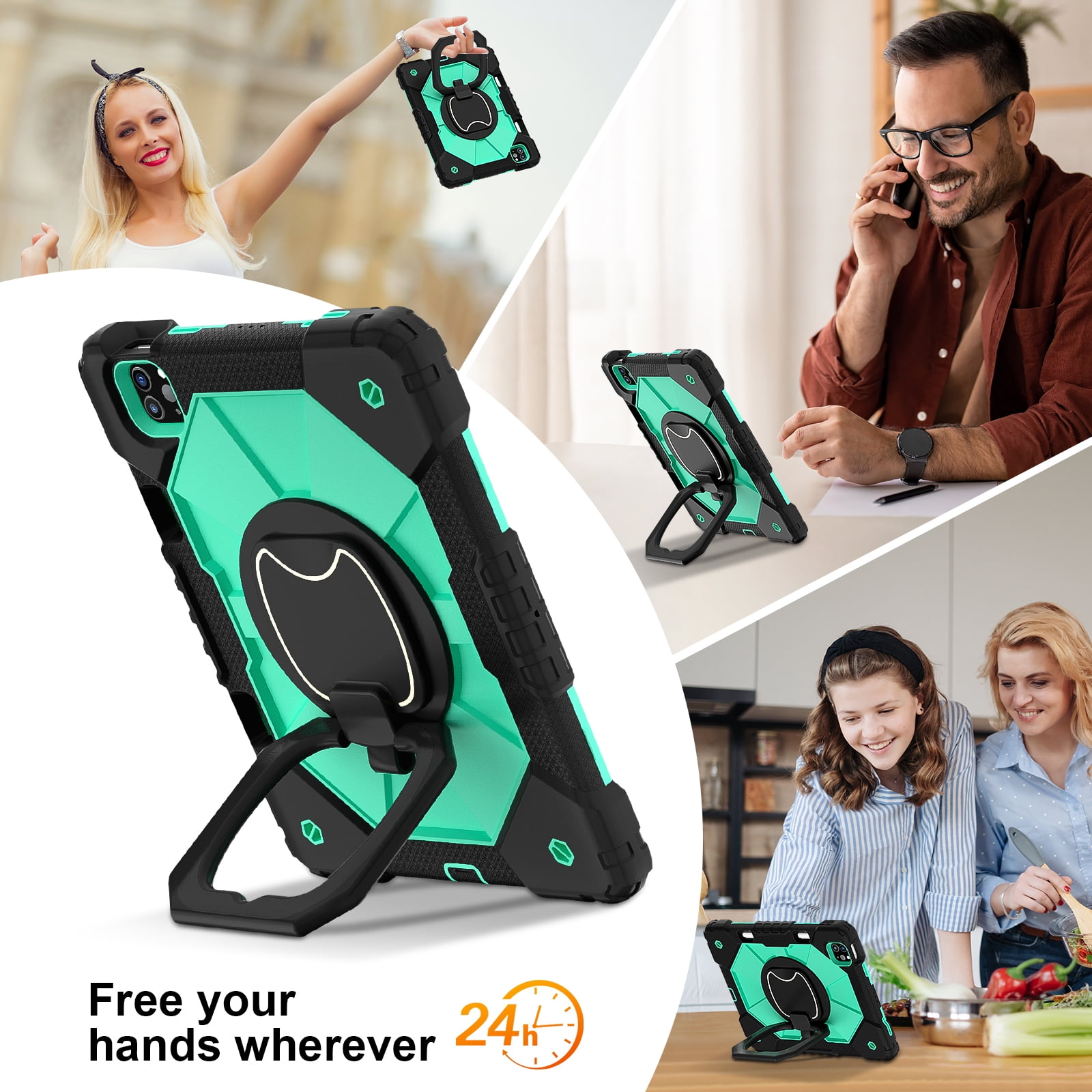 Shockproof Case for Apple iPad Pro 11 M4 2024, Build in Pencil Holder Rotating Stand Shoulder Strap Bumper Shockproof Rugged Kids Friendly Case Cover for iPad Pro 11 Inch M4 2024, Black+Mint