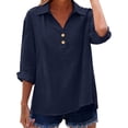 thumbnail image 4 of ManxiVoo V Neck Button Down Blouse for Women 3/4 Sleeve Cotton Linen Shirt Breezy Summer Tops Relaxed Fit Casual Office Wear XXL Size Navy, 4 of 9