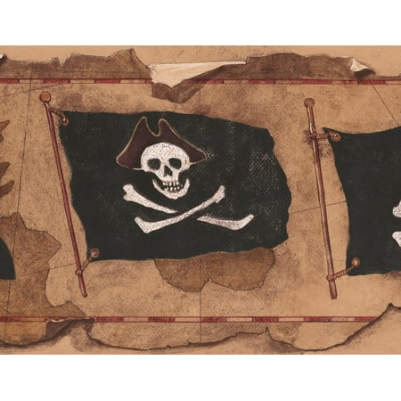 Jolly Roger Flags on Brown Map Vintage Wallpaper Border for Kids, Roll ...