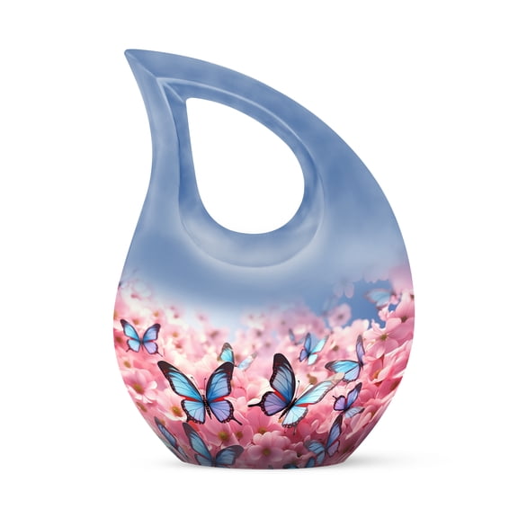 JAGLASH Blue Butterfly Memorial Small Urns for Human Ashes Adult Male & Female - Keepsake Cremation Pink Flowers Urn for Adult Men & Women - Blue Drop Urns for Funeral (3 Inch)