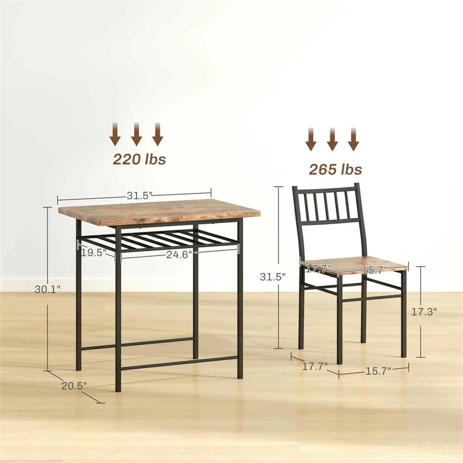 Demi Bonn 3 Piece Dining Table Set for Small Spaces with Storage Rack and Steel Frame, Kitchen Table and Chairs for 2 Dining Room Set with 2 Chairs, Brown