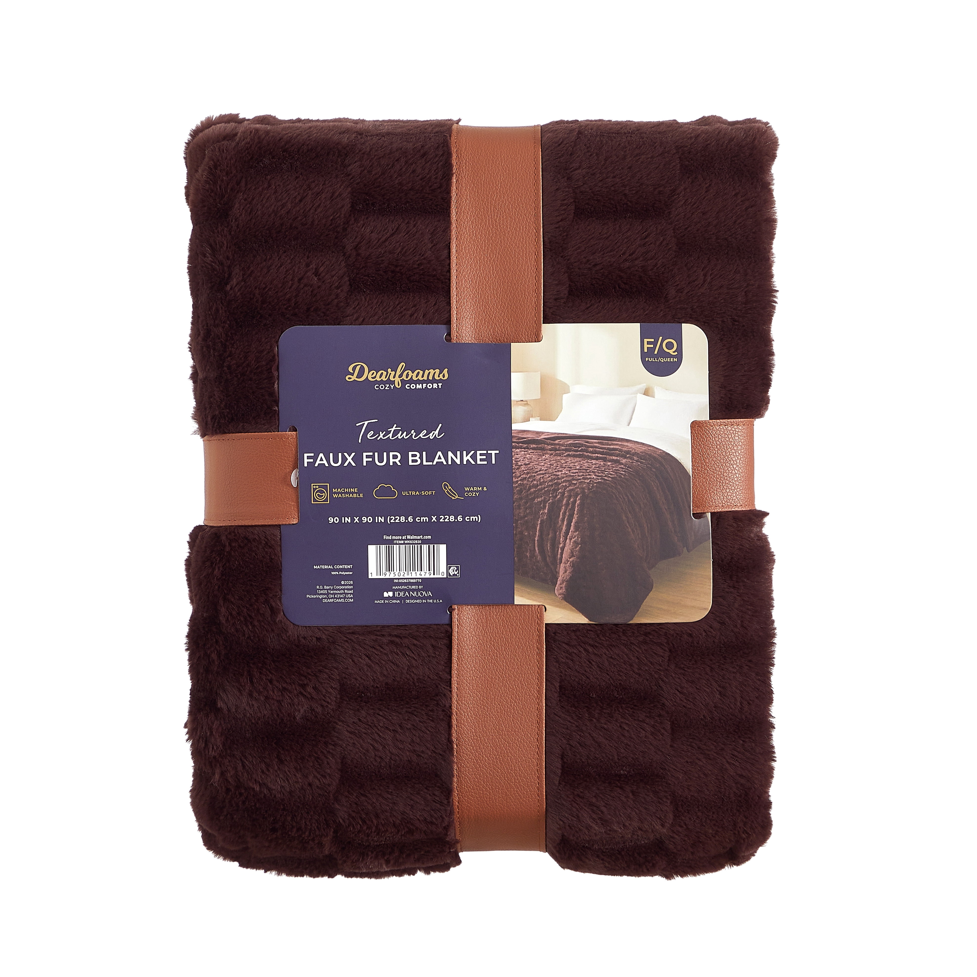 Dearfoams Textured Faux Fur Reversible Mink Bed Blanket, Brown, Full/Queen, 90 x 90 in