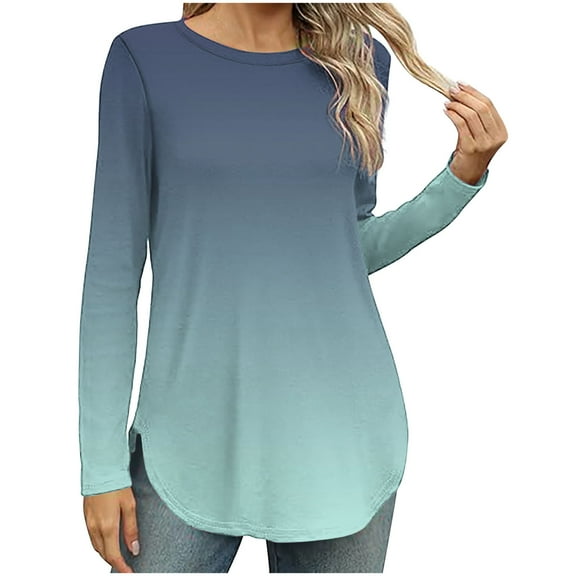 Women Sweatshirt Round Neck Cotton Long Sleeved Gradient Color T-shirt Tunic Tops Fall Winter Casual Loose Pullover Tees Comfortable Elegant Fashion Sweatshirts Size S-XXL