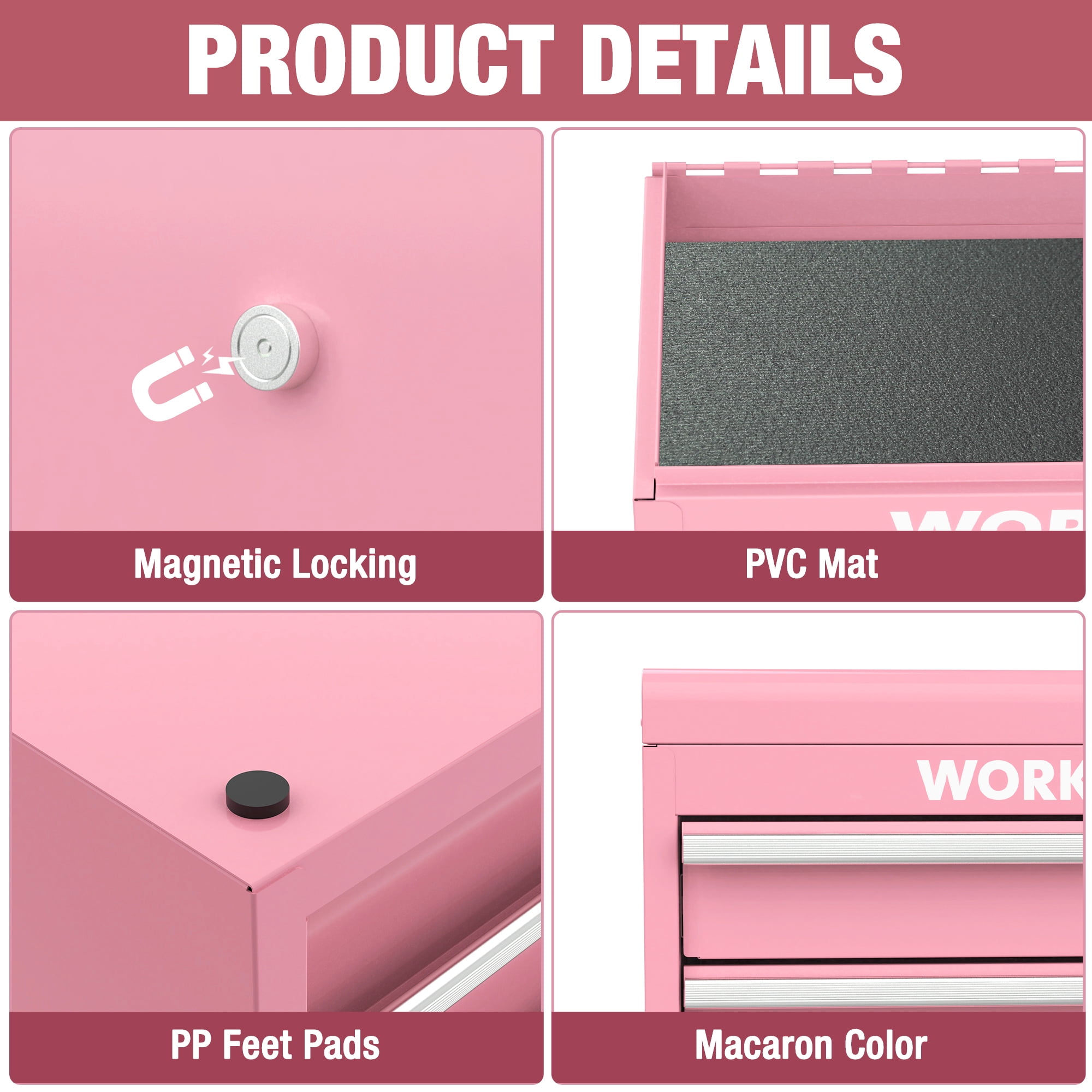 WORKPRO Mini Metal Tool Box, Cold Rolled Steel, 2 Drawers with Magnetic Tabs, PVC Liners, PP Feet Pads, Macaron, 10.8 x 5.9 x 8.2 in