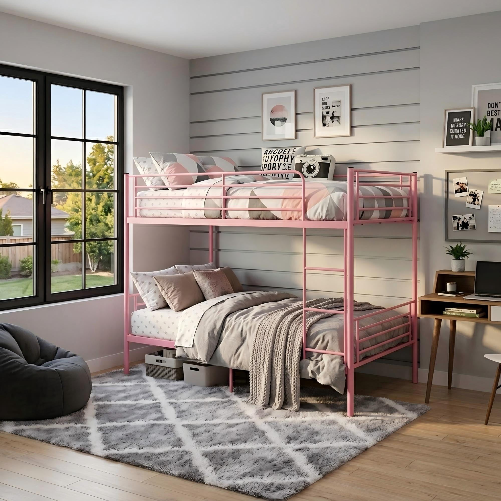 Aukfa Twin over Twin Metal Bunk Bed, Heavy Duty Convertible Bunk Bed Frame Separates into 2 Twin Beds, Pink
