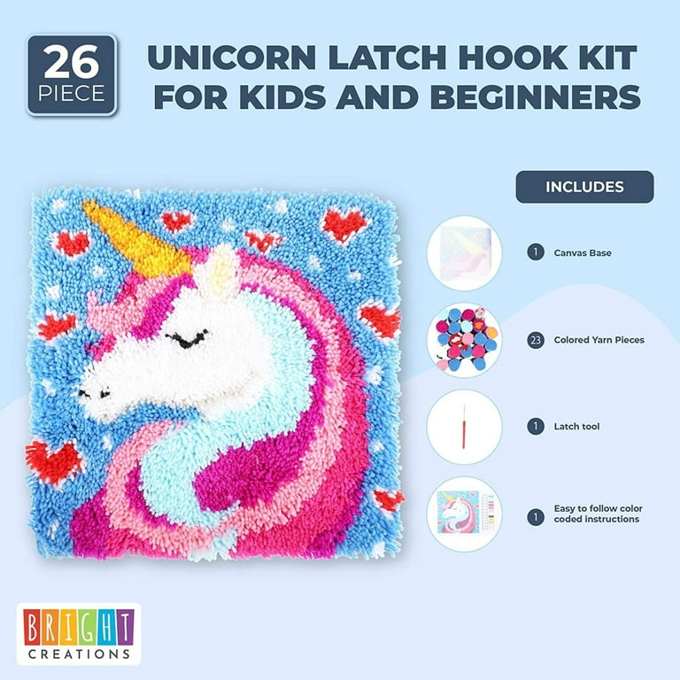 Bright Creations Unicorn Latch Hook Kit for Kids and Beginners, Printed Canvas (26 Pieces)