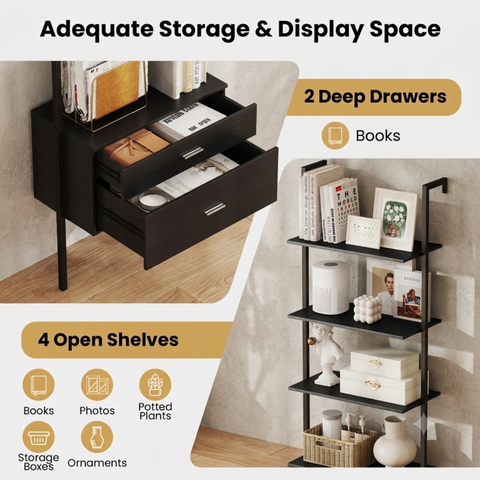 Furnibear 6-Tier Ladder Bookcase with 2 Drawers and Metal Frame for Living Room Home Office Bedroom Display Storage Shelf, Black