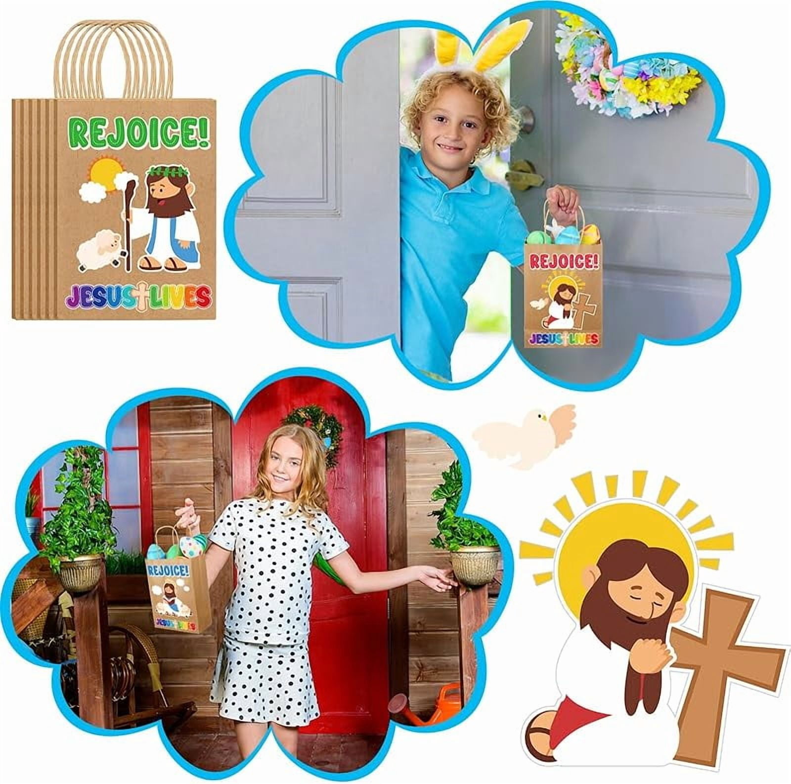20 Pcs Easter Religious Gift Bags Bulk Christian Kraft Paper Rejoice Goody Bags with Handles Eggs Hunt Easter Theme Bible Sunday School Party Favor