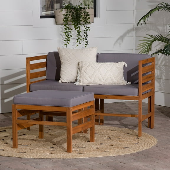 Modular Outdoor Brown and Grey Acacia L/R Chairs Ottoman by Walker Edison