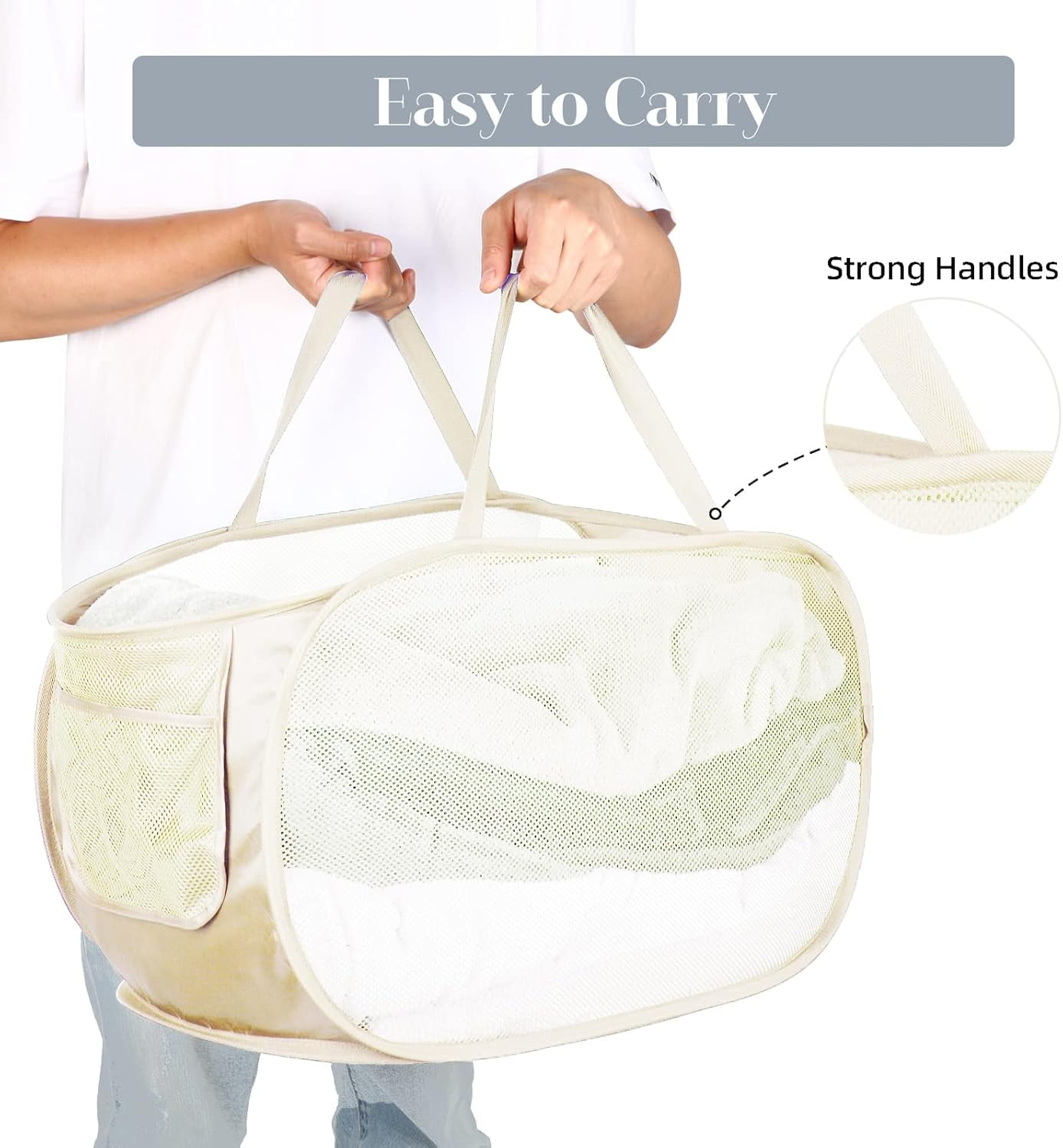 Kiibsot Strong Mesh Pop Up Laundry Basket, Collapsible Laundry Hamper with Side Pocket, Foldable Clothes Hamper with Durable Reinforced Handles for Laundry, Bathroom, Kids Room, Dorm or Travel