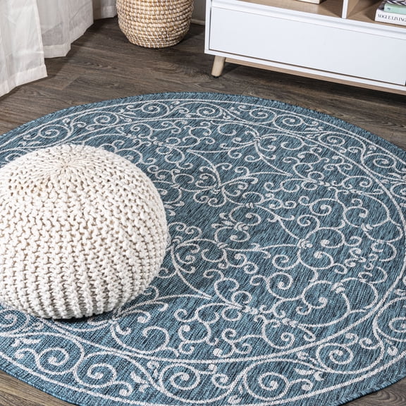 JONATHAN Y SANTA MONICA 5' Round Area Rug, Charleston Vintage Filigree Textured Weave - Teal/Gray, SMB106F-5R