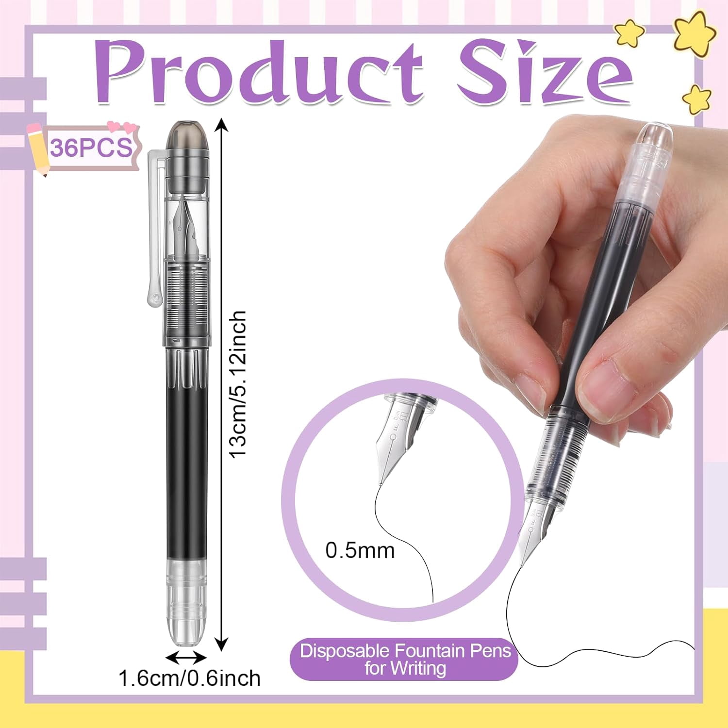 36 Pcs Disposable Fountain Pens, Quick Drying 0.5mm Black Ink Pens Smooth Writing Calligraphy for Journaling Office Sketching Doodling Beginner Artist Gifts