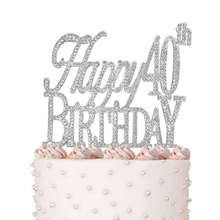 Happy 40th Birthday Cake Topper Crystal Rhinestones On Silver