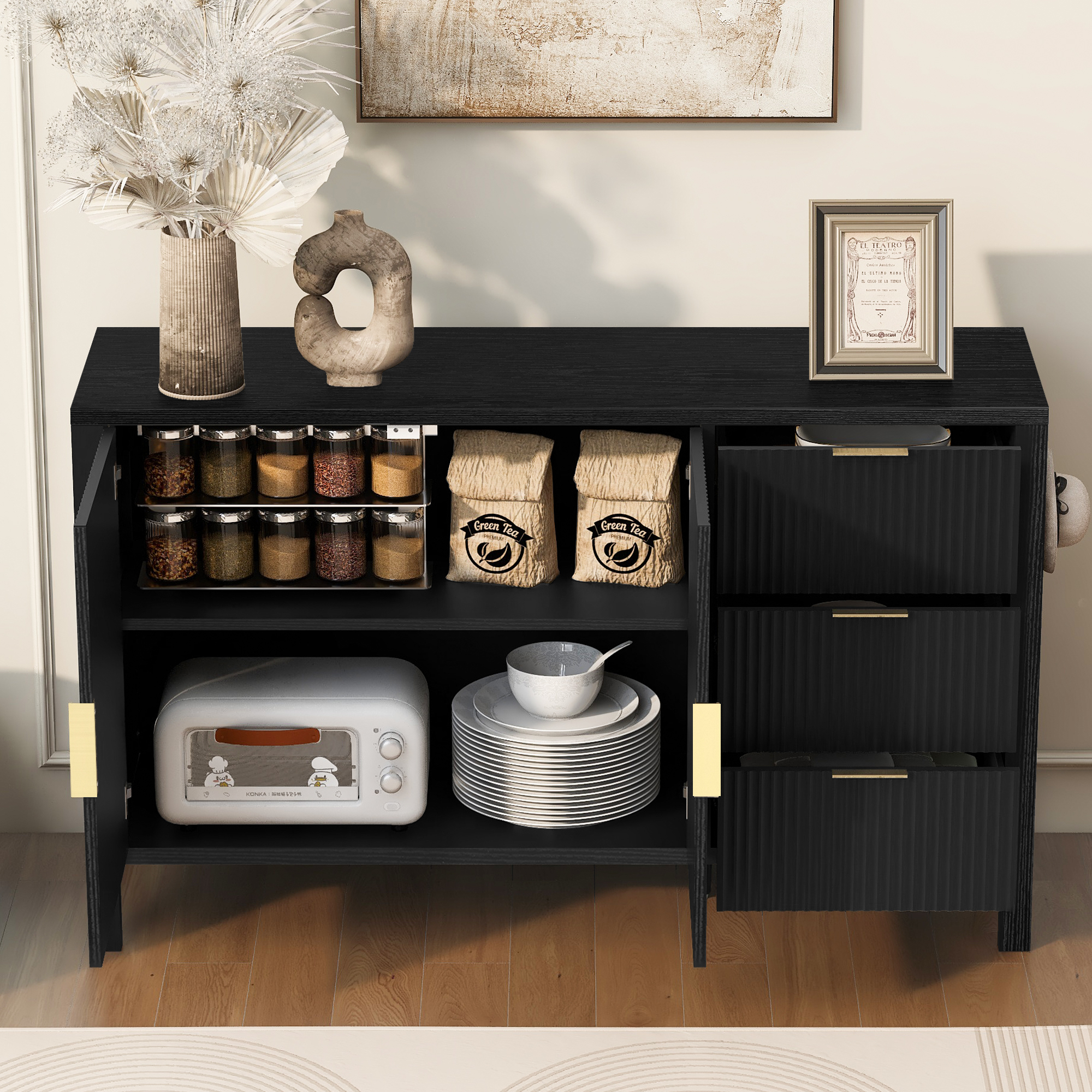 Euroco 55" Sideboard Buffet Cabinet with 3 Drawers, Modern Wave-Pattern Coffee Bar with Hooks and Extra Center Leg,Suitable for Living Room, Dining Room,Entryway,Black