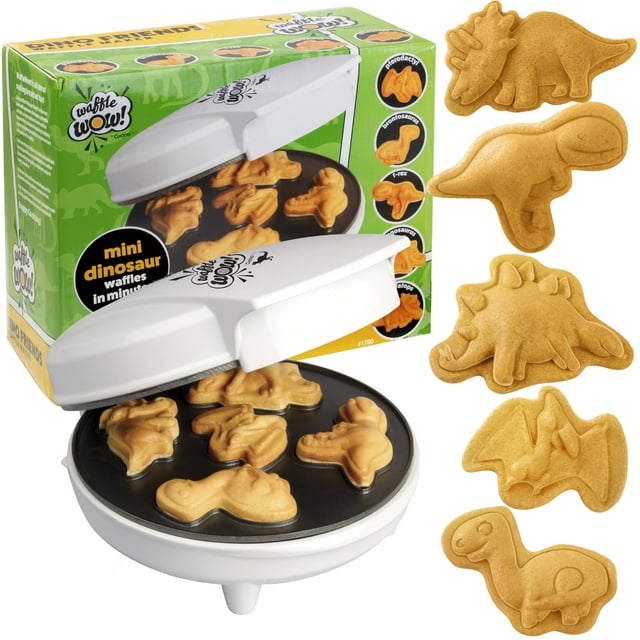 Waffle Wow Mini Máquina para Hacer Waffles con Dinosaurios 5 Dinosaurios Diferentes en Forma de 3D en Minutos, Desayuno para Niños, Adultos con Panqueques Geniales y Novedosos, Plancha Eléctrica Antia