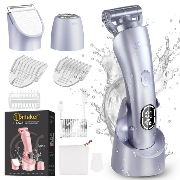 Hatteker Women's Electric Shaver Bikini Trimmer Hair Trimmer for Women LED Display Electric Razor for Legs Bikini Underarm Public Hairs Led Display IPX7 Waterproof Gift for Women (Purple)