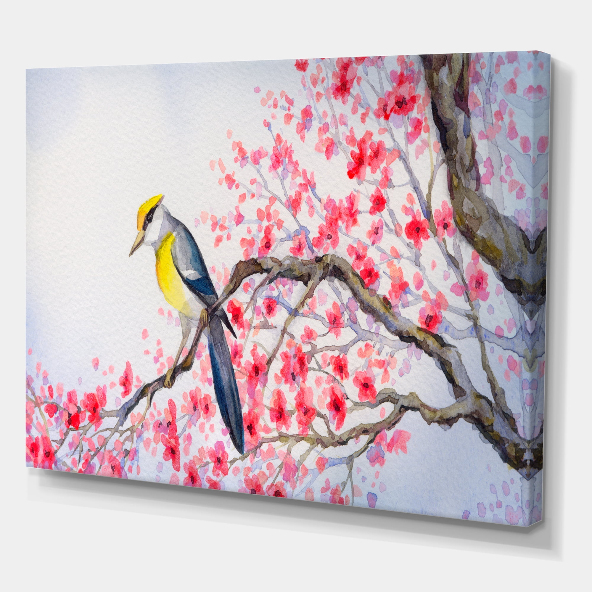 Designart ' Beautiful Red Bird Sitting On Flowering Branch II ' Traditional Canvas Wall Art Print