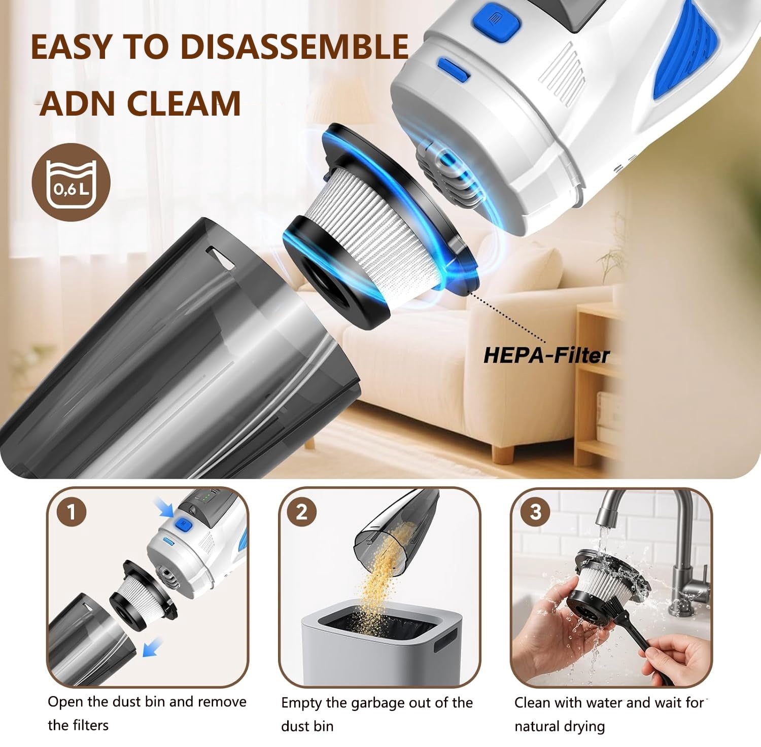 TRAKAR Handheld Vacuum Cordless, 28000PA Strong Suction Hand Held Car Vacuum Cleaner, Portable Hand Vacuum Rechargeable with Nozzles & LED Light for Home, Car, Office, Pet Hair