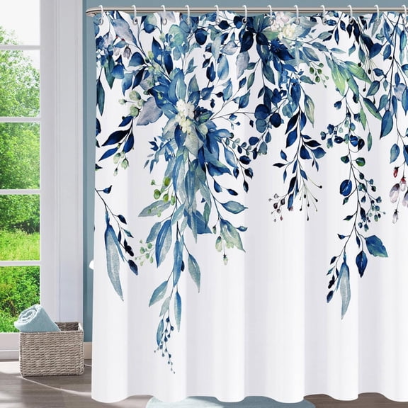 Shower Curtain Blue Eucalyptus Shower Curtains for Bathroom, Watercolor Leaf Shower Curtain Sets Waterproof Plant Shower Curtain Leaves Fabric Cloth Bathroom Curtains 72x72 inch with Hooks
