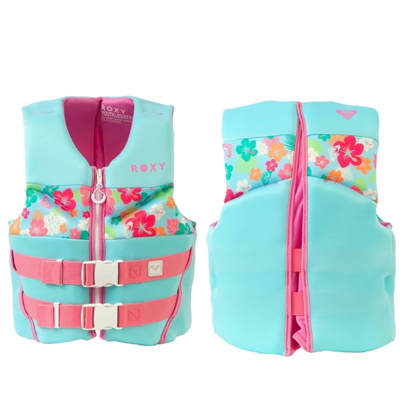 ROXY Youth Life Vest, USCG and Transport Canada Approved PFD, Evoprene Daily CGA Life Jacket Personal Flotation Device for Girls Weighing 55-88 lbs, Boating Kayaking Pool Swimming Water Sports