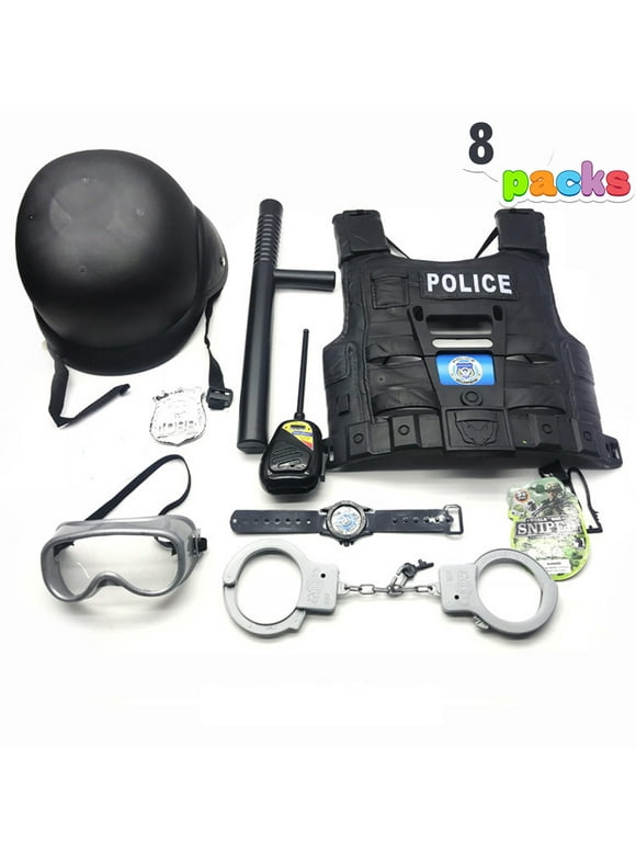 NimJoy 8Pcs Black Kids Police Costume Dress-Up Set Pretend Role Play Cop Kit Preshool Toy for Boys 3-6 Years Toddler Birthday Christmas Present