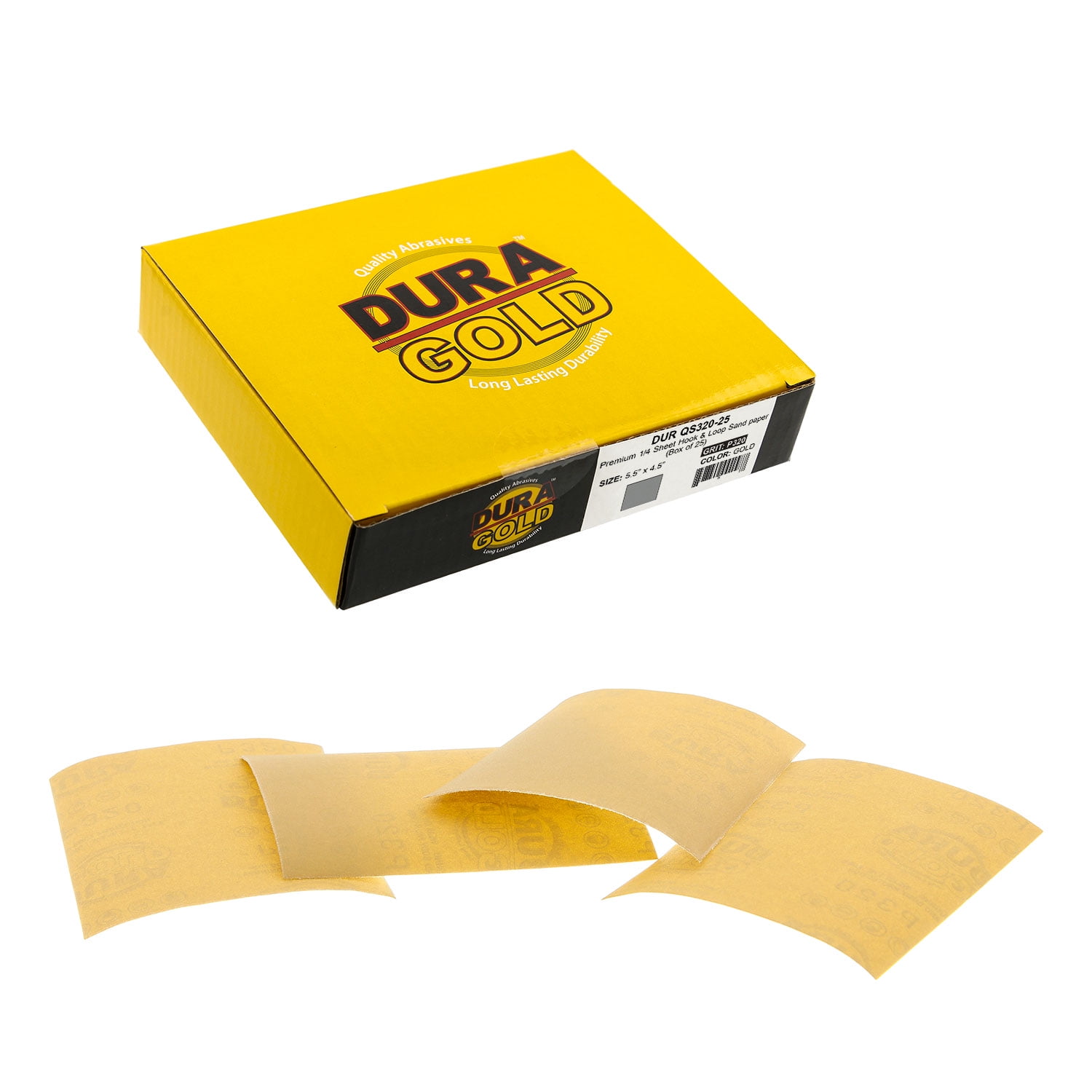 320 Grit Gold - 1/4 Sheet Hook & Loop Sandpaper Sheets 5.5' x 4.5' - Box of 25