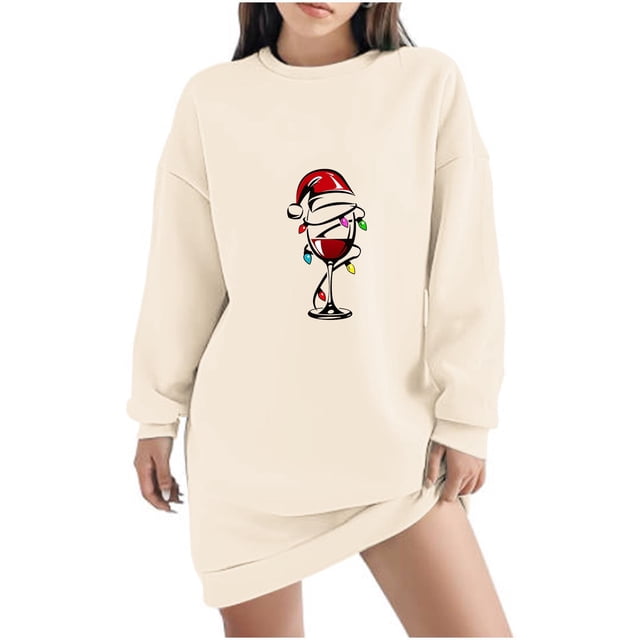 Pisexur Robes de Noël pour Femmes, Robe Chandail en Molleton à Col Rond Imprimé Verres de Vin Tendance, Robe de Fête Décontractée à Manches Longues, Robe de Vacances de Noël Mini Robe