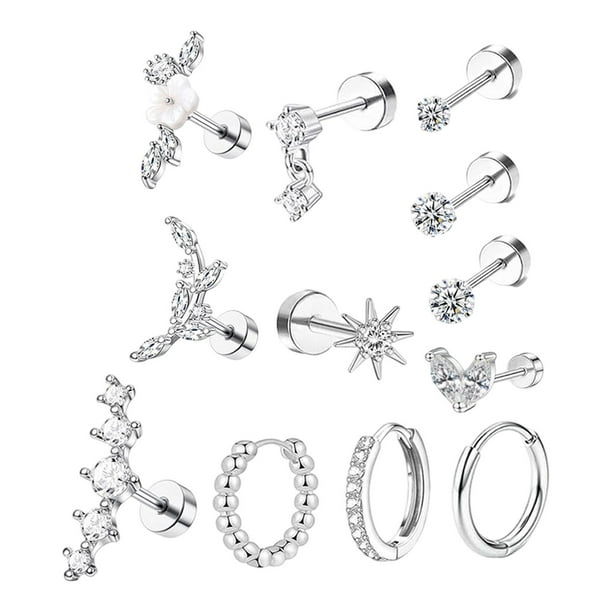 Juego de 12 pendientes de aro de moda para mujeres y niñas, aretes tipo botón Plata