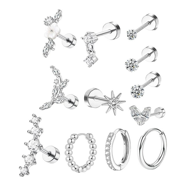 Juego de 12 pendientes de aro de moda para mujeres y niñas, aretes tipo botón Plata
