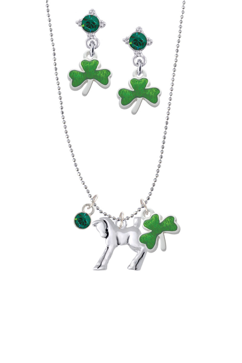 Delight Jewelry Silvertone Equestrian Horse Green Shamrock Necklace and Clover Earrings Jewelry Set