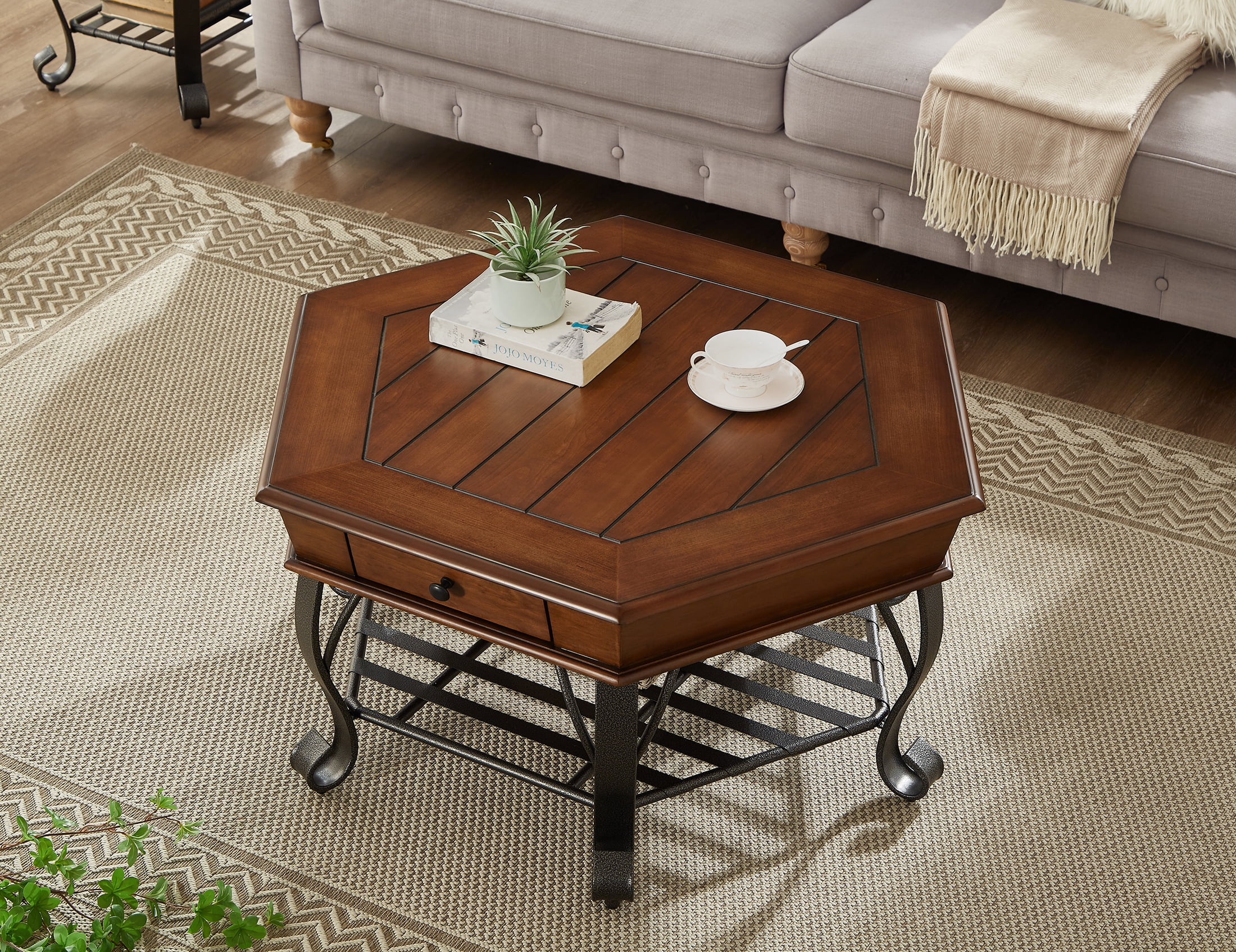 40" Wood Coffee Table, Vintage, Hexagonal, Solid Wood Top, with Drawer Storage, Walnut