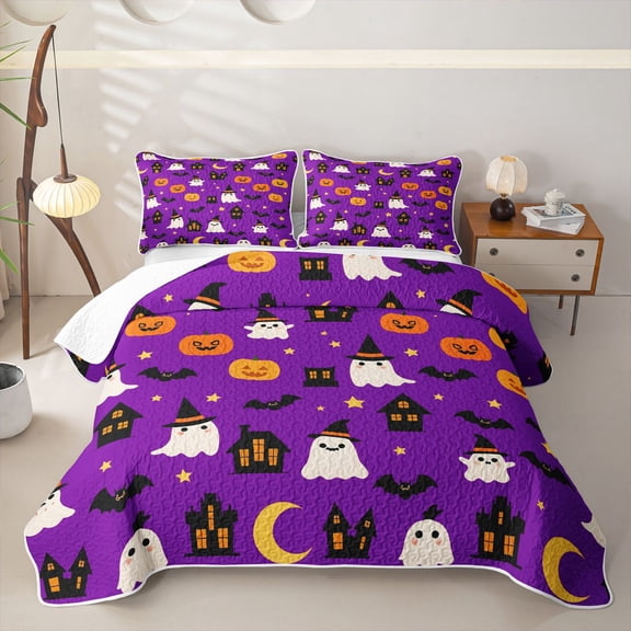 Homewish Halloween Witch Ghost Twin Quilt Set,Jack O Lantern House Pattern Twin Coverlet Set,Violet Black,2 Pieces
