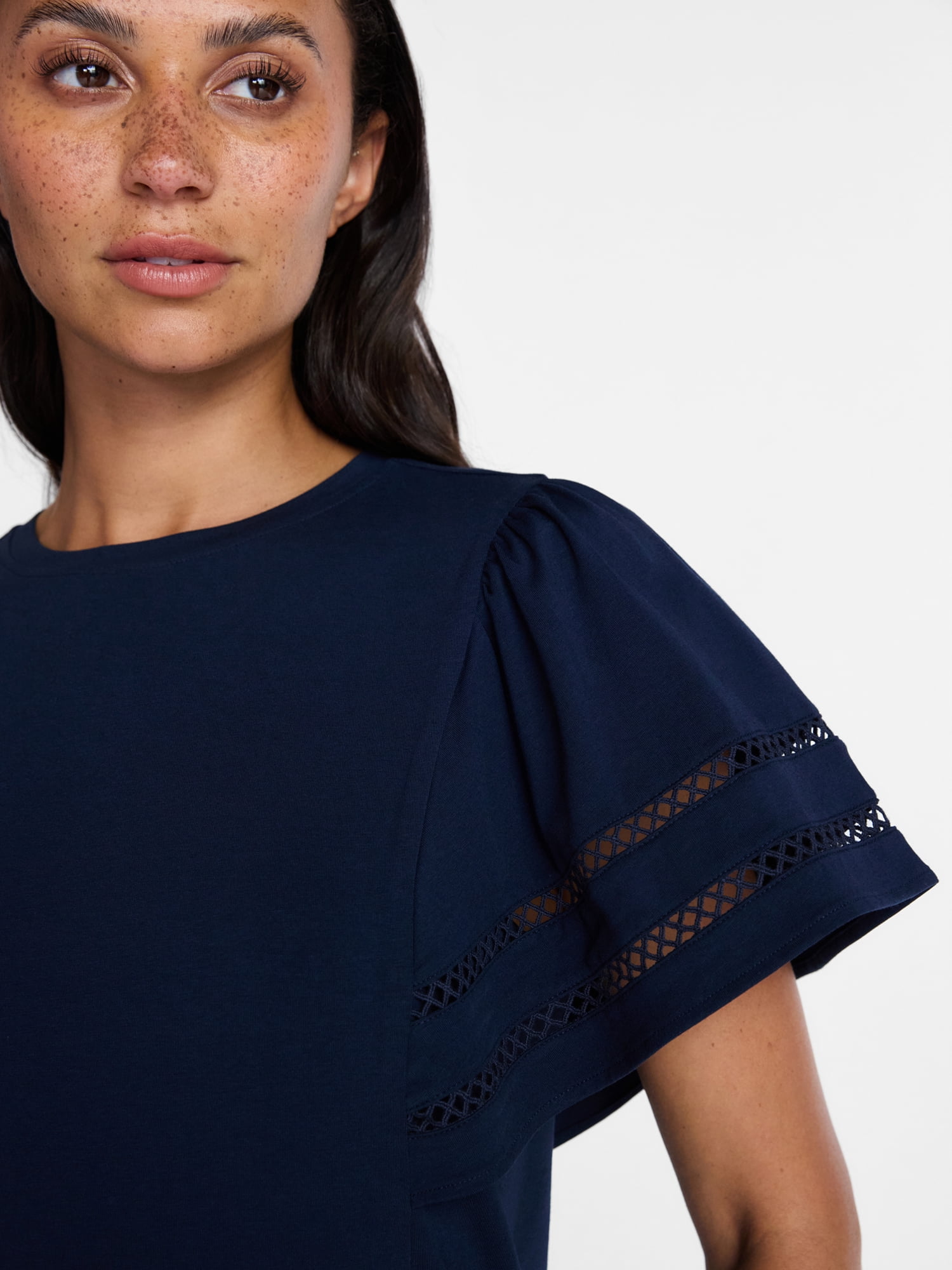 Time and Tru Women’s Crewneck Top with Lace Inset Flounce Sleeves, Sizes XS-XXXL