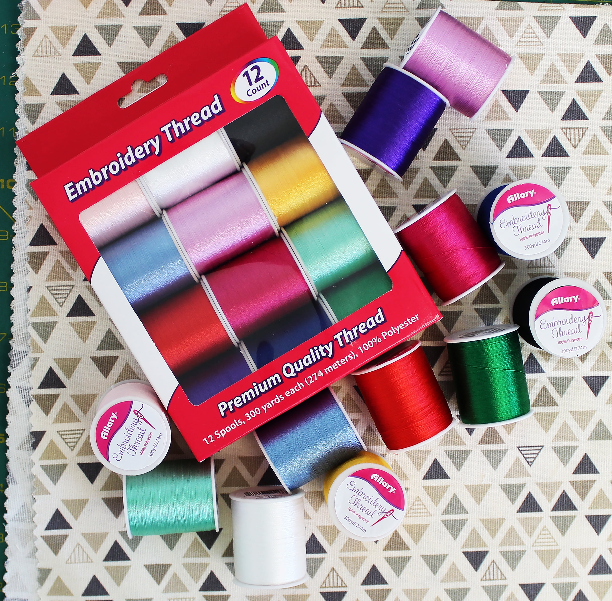 Allary  100% Polyester Embroidery Thread, Assorted Colors, 300 Yd. Spools, 12 Ct.