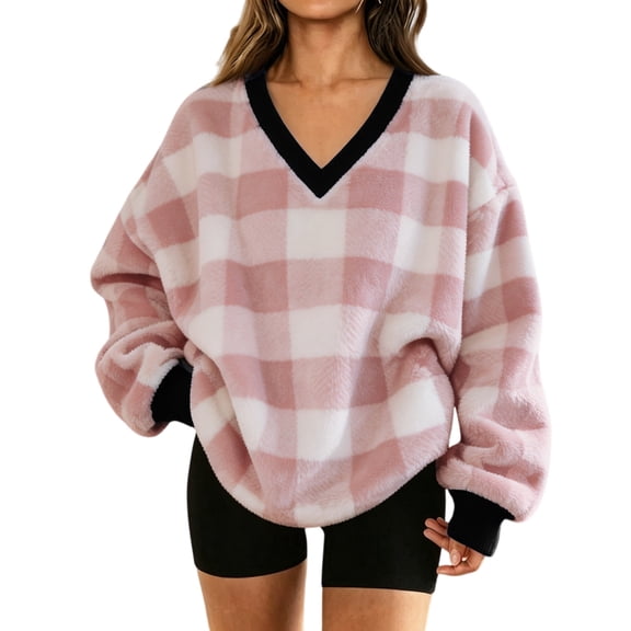 Manzbdm Women's Fleece Plaid Sweatshirt Long Sleeve V Neck Fuzzy Pullover Top