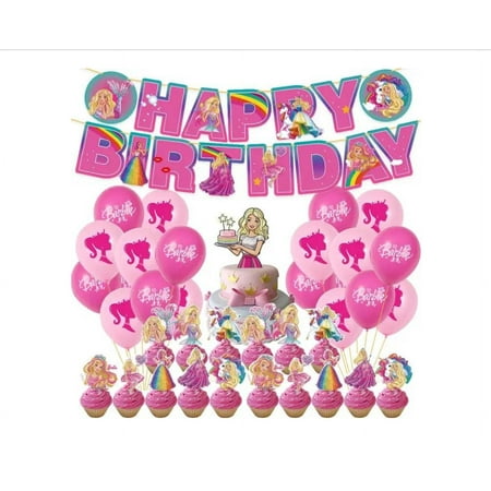 DaVi Party Decoration Barbie Theme Party Balloons set kit Banner Cake and cupcakes toppers