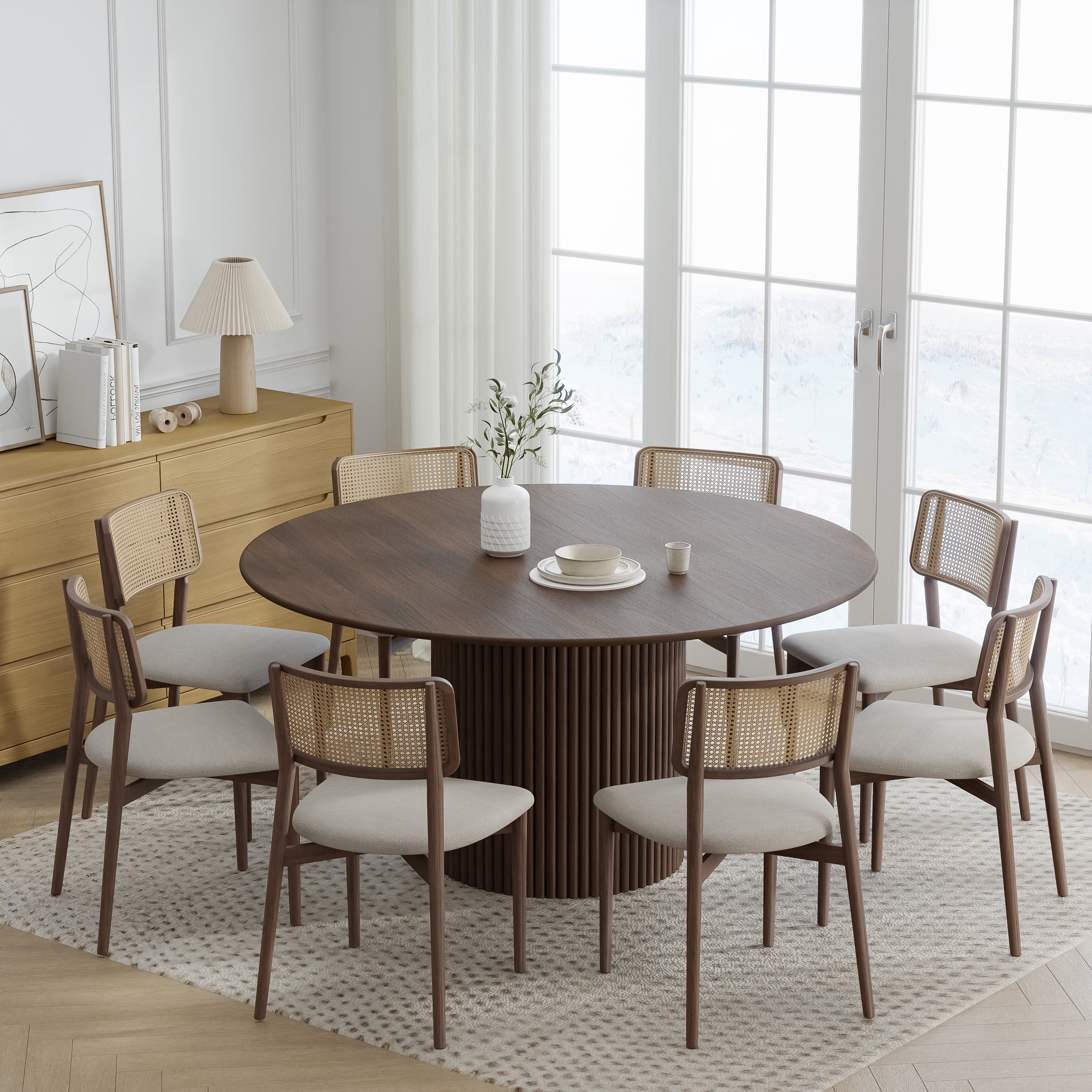 MAYEERTY 60 in. Soild Wood Walnut Dining Table Round Kitchen Table