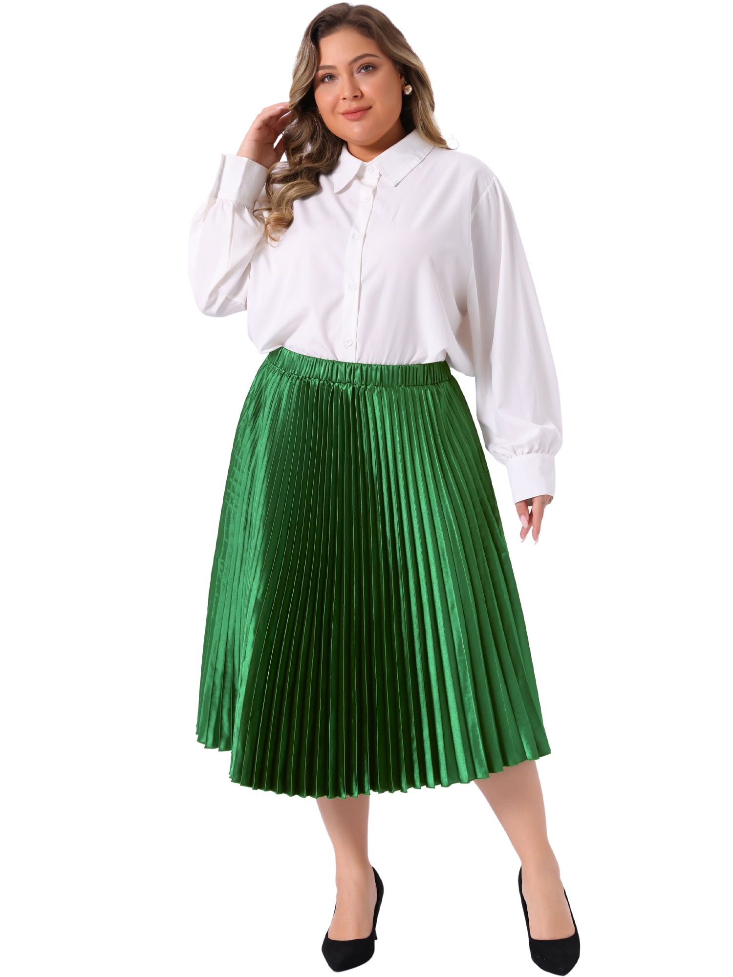 DARING DIVA Women's Plus Size Elastic High Waist Metallic Pleated Skirt 2X Green